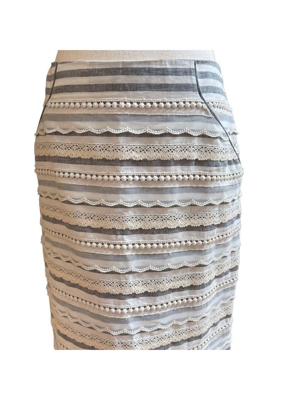 Anthropologie Tabitha Sailing Lace Striped Pencil Mini Skirt Small Linen/Cotton - Picture 6 of 13